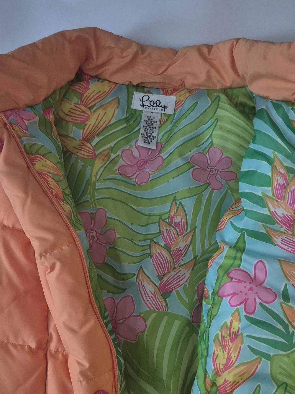 Lilly Pulitzer Peach Puffer with Tropical Floral Lining
